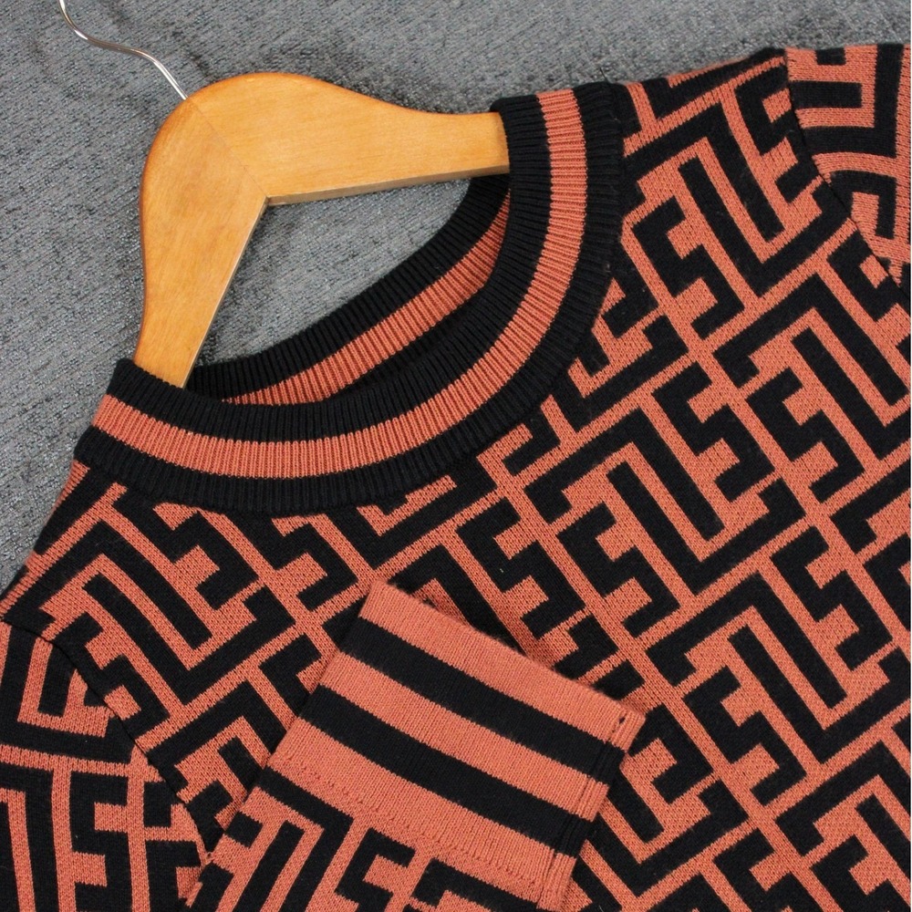 Jolie & Joy Rust Orange Black Geometric Greek Key Knit Sweater J4M2554S Small